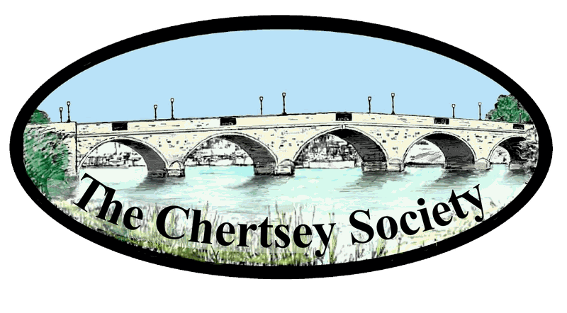 The Chertsey Society logo, Chertsey Bridge over the Thames