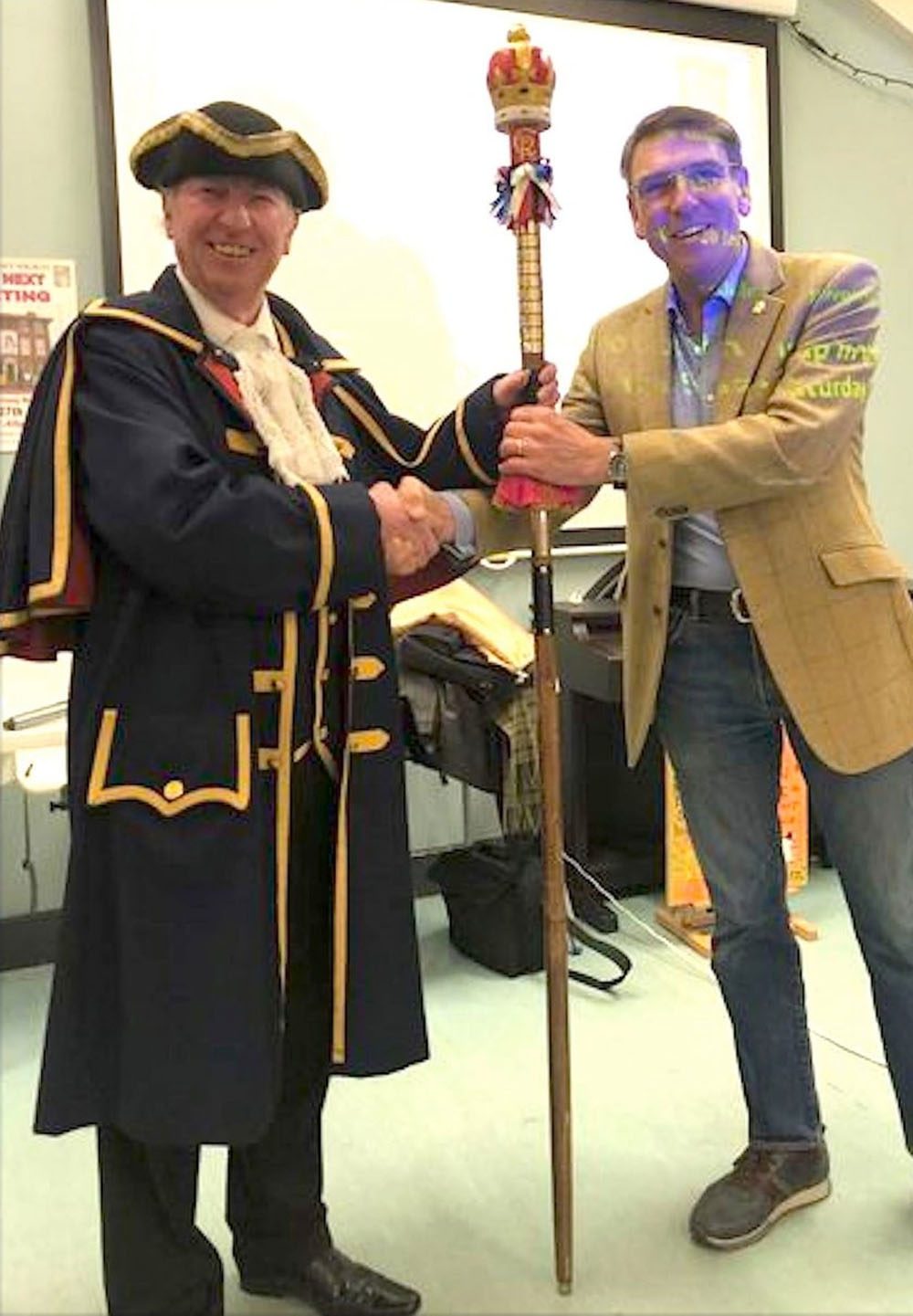 Chertsey's Town Crier with a Society committee member